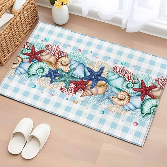 Summer Beach Washable Small Entryway Area Rugs 2'x3', Starfish Shell Coral Coastal Vintage Blue Plaid Low Pile Throw Rug Non-Slip Sturdy Edge Binding Carpet for Front Door Floor Room Entry