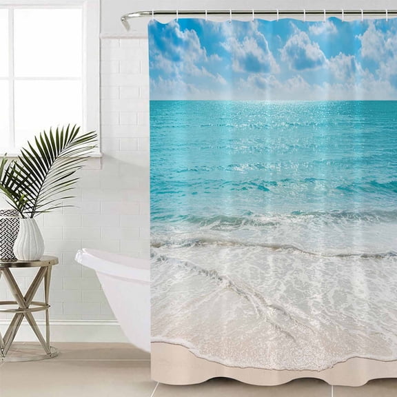 Summer Beach Waterproof Fabric Shower Curtain, Blue Coastal Ocean Seaside Nautical Shower Curtain for Bathroom Curtains Bathtubs Hotel Washable Shower Curtains with 12 Hooks Standard 72x72