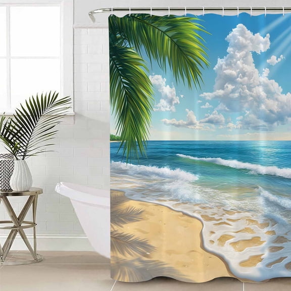Summer Beach Waterproof Fabric Shower Curtain, Coastal Ocean Tropical Palm Trees Shower Curtain for Bathroom Curtains Bathtubs Hotel Washable Shower Curtains with 12 Hooks Standard 60x72