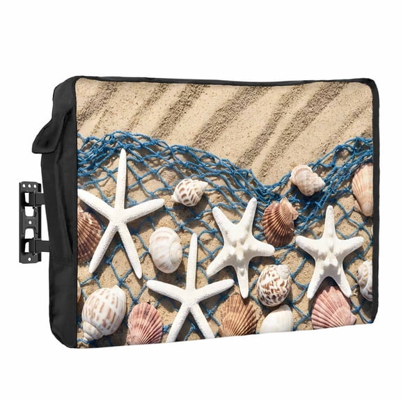 Summer Beach Waterproof Outdoor TV Cover, Seaside Starfish Shell Fishing Net Conch Sand Outside Weatherproof TV Enclosures for 30 to 32 Inch LCD Television Shield Flat Screen Protectors