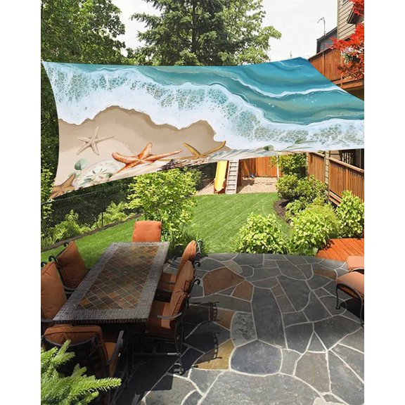 Summer Beach Waterproof Sun Shade Sail Spray Ocean Waves Sand Seashell Starfish Outdoor Patio Sun Shades Canopy UV Block Waterproof Sunshade for Garden Backyard Deck Pergola 6.5x10 Ft