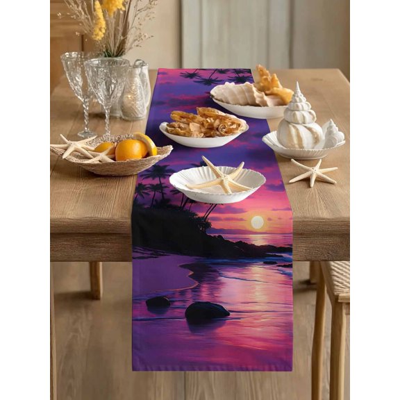 Summer Beach Waves Table Runner 13x70in Non-Slip Cotton Linen Table Runners, Sunset Palm Tree Dresser Scarves TableRunner for Dinner Kitchen Dining Wedding Party