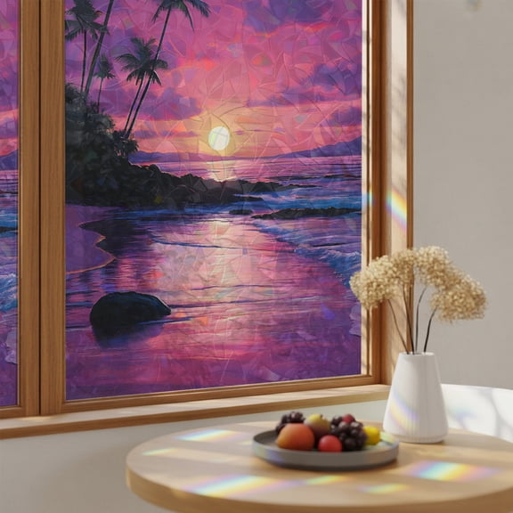 Summer Beach Waves Window Privacy Film,Heat Control Sun Blocking Static Cling Rainbow Film,Sunset Palm Tree Non-Adhesive Glass Sticker Door Window Tint,19.6" x 39.3"