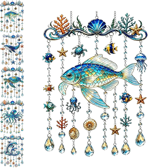 Summer Beach Wind Chime for Outside, Ocean Crystal Suncatcher with Teardrop Prism Drops, Stained Acrylic Sea Life Hanging Decor for Porch Yard Bay Window Beach Gift A5