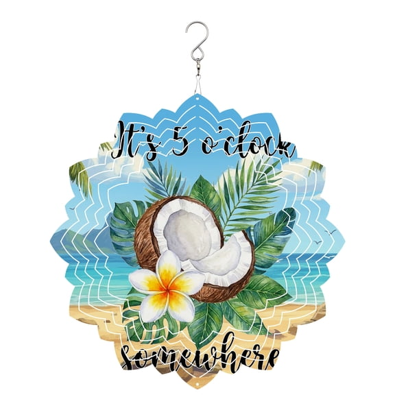 Summer Beach Wind Spinner for Garden Yard 8In, It's 5 O'clock Somewhere Tropical Coconut Floral 3D Stainless Steel Kinetic Hanging Wind Spinners Rustproof Outdoor Decor for Lawn Patio Home