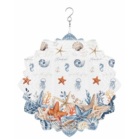 Summer Beach Wind Spinner for Garden Yard 8In, Nautical Ocean Starfish Seashell Coral Seahorse Blue Stripe 3D Stainless Steel Kinetic Hanging Wind Spinners Rustproof Outdoor Decor for Lawn Patio Home