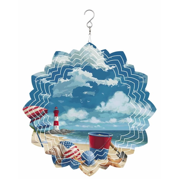 Summer Beach Wind Spinner for Garden Yard 8In, Ocean Blue Sky Shell Umbrella Sea Star 3D Stainless Steel Kinetic Hanging Wind Spinners Rustproof Outdoor Decor for Lawn Patio Home