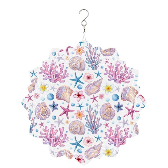 Summer Beach Wind Spinner for Garden Yard 8In, Ocean Starfish Shell Coastal Conch Coral Flower 3D Stainless Steel Kinetic Hanging Wind Spinners Rustproof Outdoor Decor for Lawn Patio Home