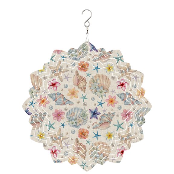 Summer Beach Wind Spinner for Garden Yard 8In, Ocean Starfish Shell Coastal Conch Cute Flowers Linen 3D Stainless Steel Kinetic Hanging Wind Spinners Rustproof Outdoor Decor for Lawn Patio Home