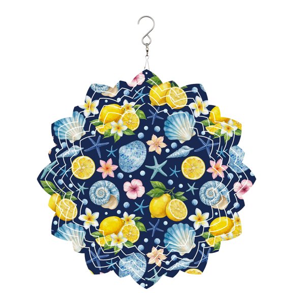 Summer Beach Wind Spinner for Garden Yard 8In, Ocean Starfish Shell Coastal Conch Lemon Flowers Blue 3D Stainless Steel Kinetic Hanging Wind Spinners Rustproof Outdoor Decor for Lawn Patio Home