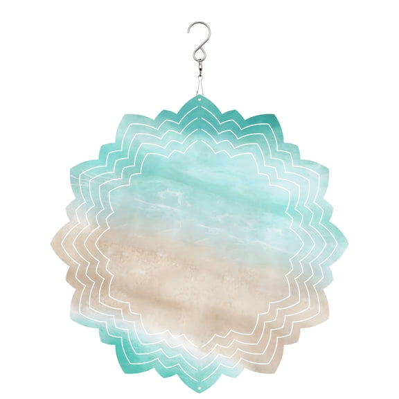 Summer Beach Wind Spinner for Garden Yard 8In, Teal Green Gradient Ocean Wave Beige Sand Abstract 3D Stainless Steel Kinetic Hanging Wind Spinners Rustproof Outdoor Decor for Lawn Patio Home