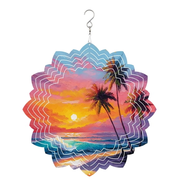 Summer Beach Wind Spinner for Garden Yard 8In, Tropical Palm Trees Sunset Waves Nature 3D Stainless Steel Kinetic Hanging Wind Spinners Rustproof Outdoor Decor for Lawn Patio Home
