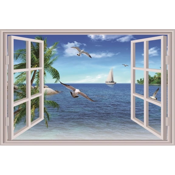 Summer Beach Window Background Hawaiian Tropical Ocean Island Palm Leaves Luau Party Adlts Portrait Photography Backdrop