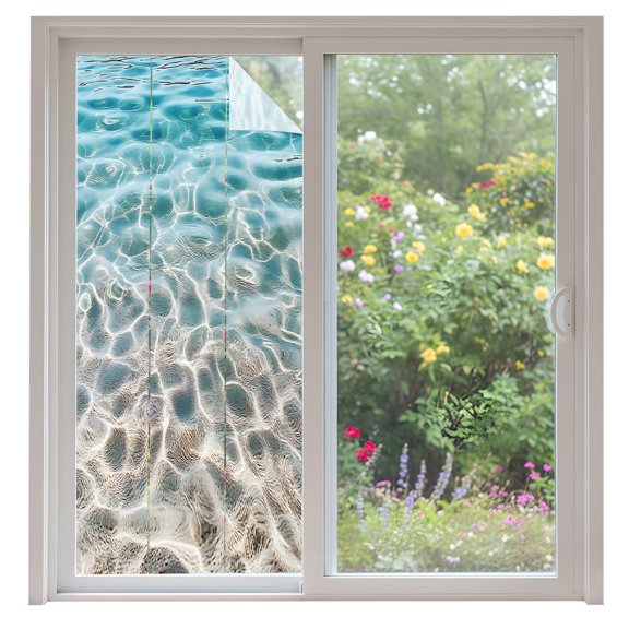 Summer Beach Window Privacy Film 35.4x78.7in Water Ripple Ocean Art Realistic Sea Sand Decorative Window Film with Static Cling, UV Filtering Window Cling Privacy Film for Glass Doors and Windows