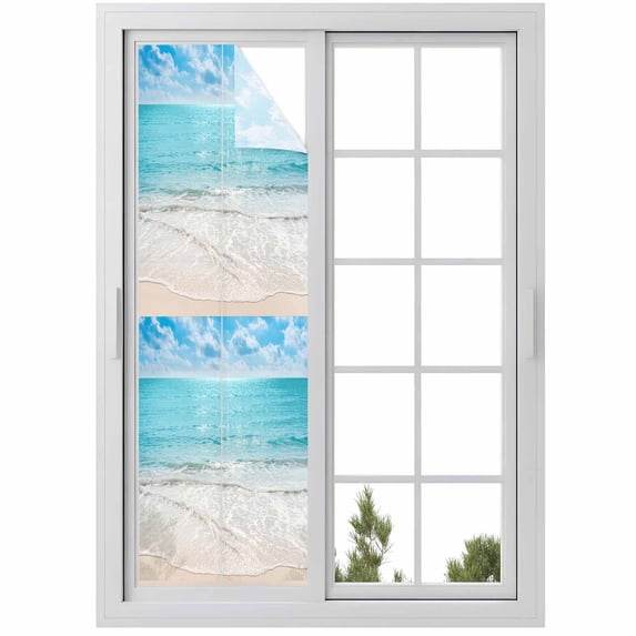 Summer Beach Window Privacy Film, Blue Coastal Ocean Seaside Nautical Static Cling UV Sun Blocking Heat Control Window Tint Day and Night, Non-Adhesive One Way Windows Privacy Cover 17.7''x78.7''