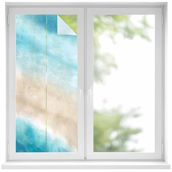 Summer Beach Window Privacy Film, Blue Gradient Ocean Wave Beige Sand Abstract Frosted Glass Window Clings Static Cling UV Heat Blocking Reusable Door Sticker for Bathroom 19.6 x 39.3 Inch