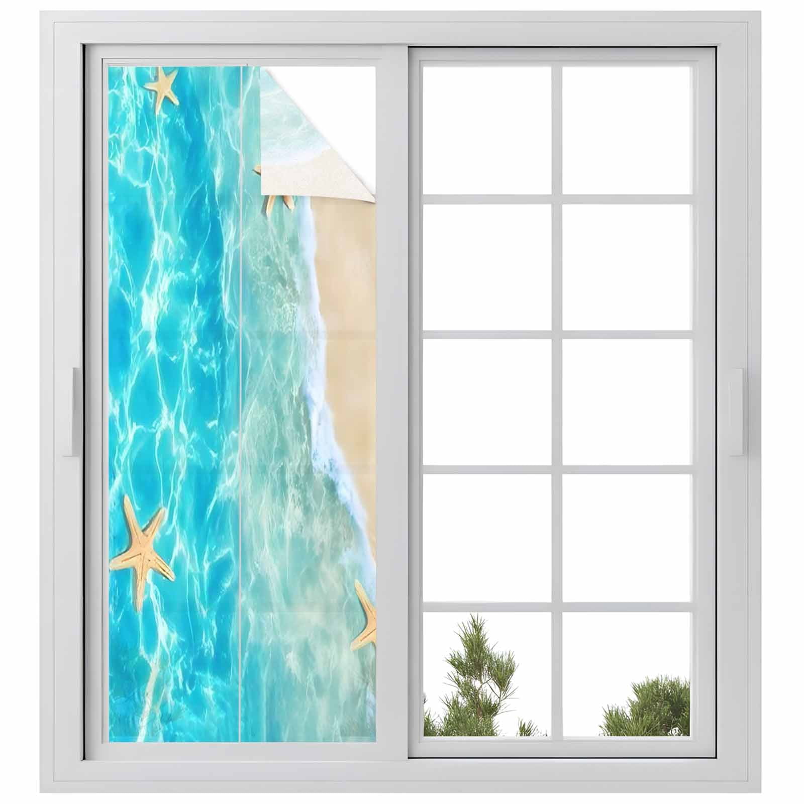 Summer Beach Window Privacy Film, Blue Teal Ocean Waves Beige Sand Starfish Shells Frosted Glass Window Clings Static Cling UV Heat Blocking Reusable Door Sticker for Bathroom 23.6 x 59 Inch