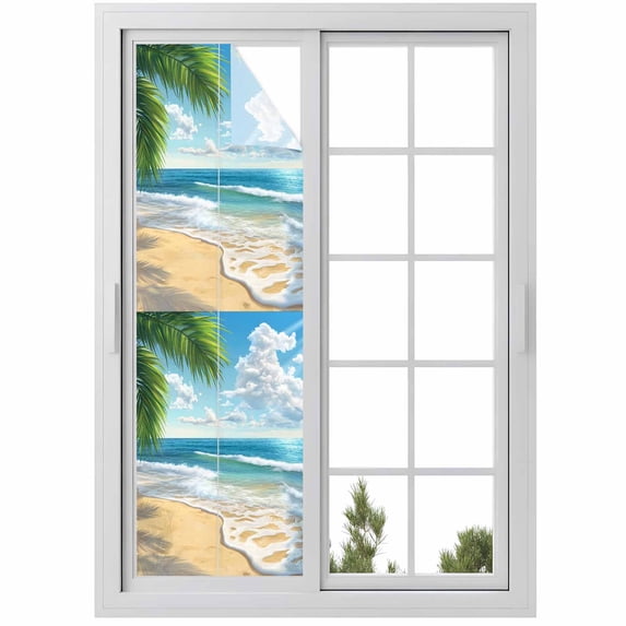 Summer Beach Window Privacy Film, Coastal Ocean Tropical Palm Trees Static Cling UV Sun Blocking Heat Control Window Tint Day and Night, Non-Adhesive One Way Windows Privacy Cover 17.7''x78.7''