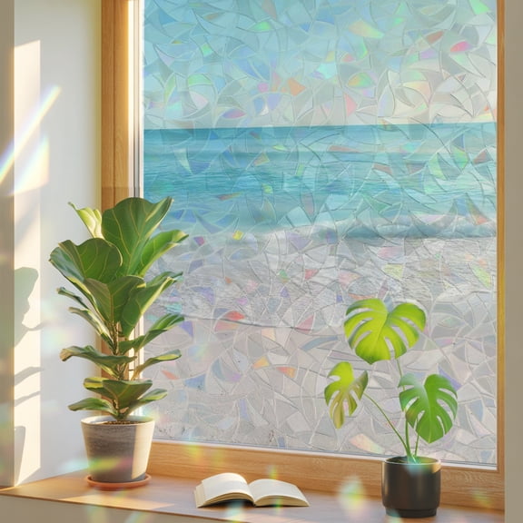 Summer Beach Window Privacy Film, Coastal Ocean Wave Nautical Stained Glass Rainbow Film Decorative Window Clings, Static Cling Sun Blocking Stickers 35.4" x 78.7"