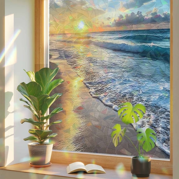 Summer Beach Window Privacy Film Rainbow Static Cling Stain Glass Window Film for Glass Door, Decorative Heat Control Sunroof Decal Sticker for Car Bathroom 19.6"x39.3" Sunset Ocean Coastal Nautical