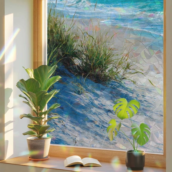 Summer Beach Window Privacy Film, Realistic Green Weed Coastal Scenery Blue Sky Wave Stained Glass Rainbow Film Decorative Window Clings, Static Cling Sun Blocking Stickers 19.6" x 39.3"