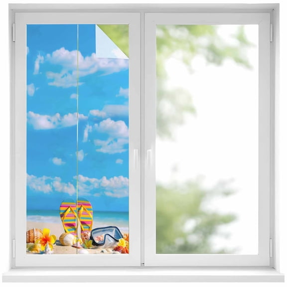 Summer Beach Window Privacy Film, Seaside Blue Sky Sand Sea Wave Slippers Shell Frosted Glass Window Clings Static Cling UV Heat Blocking Reusable Door Sticker for Bathroom 19.6 x 39.3 Inch