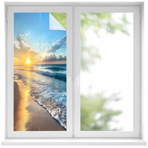 Summer Beach Window Privacy Film, Sunset Ocean Coastal Nautical Static Cling UV Sun Blocking Heat Control Window Tint Day and Night, Non-Adhesive Reusable One Way Windows Privacy Cover 17.7''x39.3''