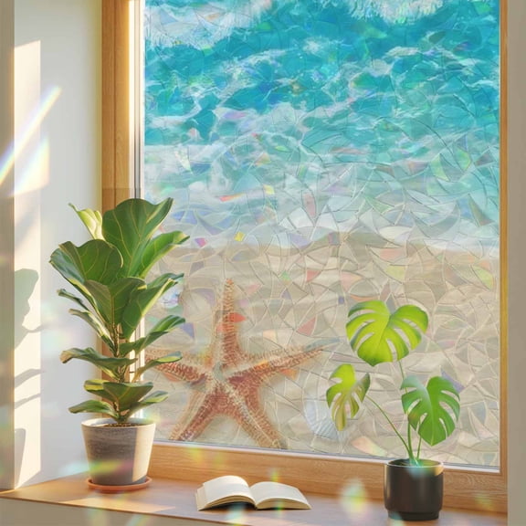 Summer Beach Window Privacy Film, Teal Blue Ocean Waves Beige Sand Starfish Shells Stained Glass Rainbow Film Decorative Window Clings, Static Cling Sun Blocking Stickers 17.7" x 39.3"