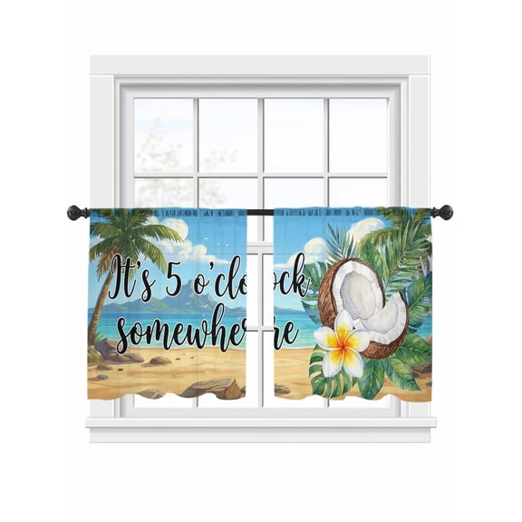 Summer Beach Window Sheer Curtain It's 5 O'clock Somewhere Tropical Coconut Floral Semi Curtain Sheers Light Filtering Rod Pocket Voile Drapes for Bedroom Kitchen Living Room 52 X 54 Inch, 2 Panels