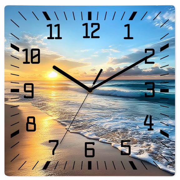 Summer Beach Wooden Wall Clock Silent Non Ticking, Sunset Ocean Coastal Nautical Square Wall Clocks Battery Operated, Decor Clock for Home Office, Living Room, Kitchen, 10 Inch