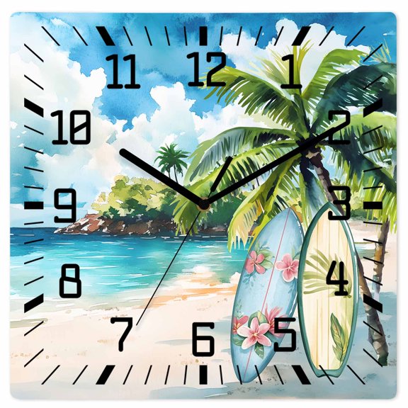 Summer Beach Wooden Wall Clock Silent Non Ticking, Tropical Coastal Palm Tree Surfboard Square Wall Clocks Battery Operated, Decor Clock for Home Office, Living Room, Kitchen, 12 Inch
