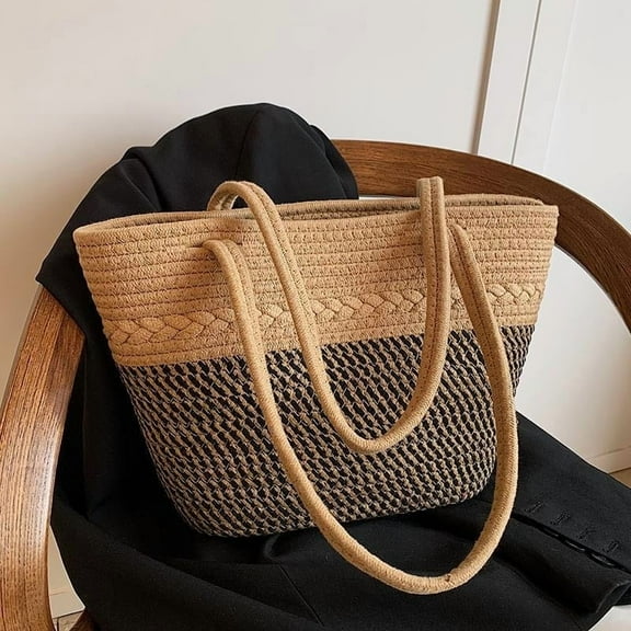 Summer Beach Woven Shoulder Tote Bag Leisure Holiday Handbag for Seaside Picnic Camping Causal Large Capacity for Women New ins Trend, Brown