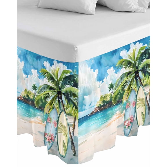 Summer Beach Wrap Around Bed Skirts for California King Bed 16" Drop,Bed Skirt with Adjustable Elastic Belt Dust Ruffle Bed Valance for Bedroom Tropical Coastal Palm Tree Surfboard Bed Frame Cover