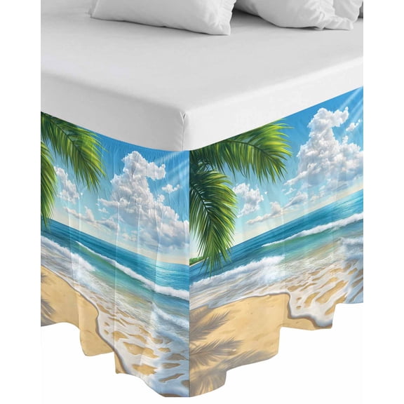 Summer Beach Wrap Around Bed Skirts for Queen Bed 18" Drop, Bed Skirt with Adjustable Elastic Belt Dust Ruffle Bed Valance for Bedroom Hotel Luxury Coastal Ocean Tropical Palm Trees Bed Frame Cover