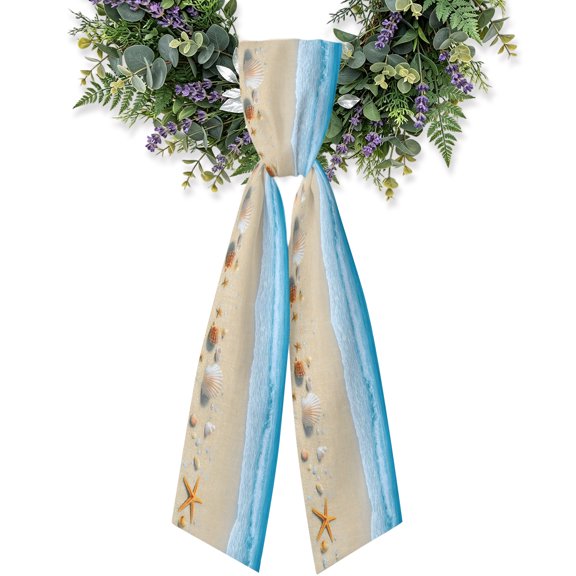 Summer Beach Wreath Sash for Front Door, Coastal Ocean Waves Starfish Shell Wreath Bow Holiday Garland Ribbon Wreath Accessories for Home Yard Porch Doorway Decorations Gifts