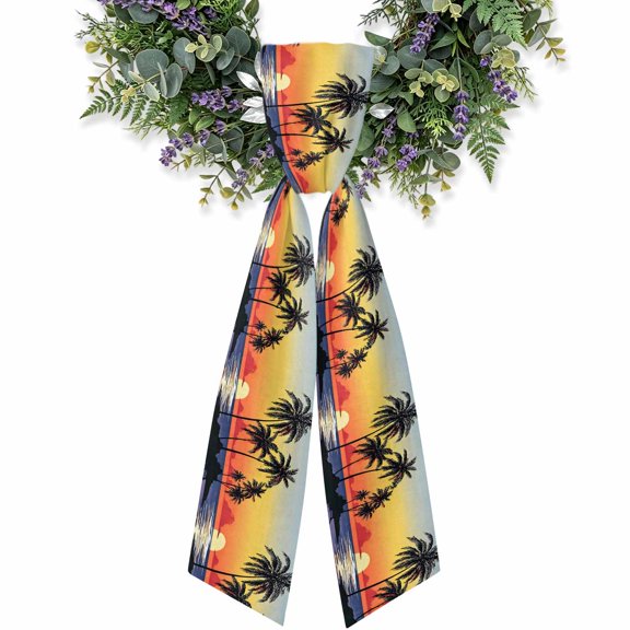 Summer Beach Wreath Sash for Front Door, Tropical Palm Tree Orange Sunset Seaside Wreath Bow Holiday Garland Ribbon Wreath Accessories for Home Yard Porch Doorway Fall Christmas Decorations Gifts