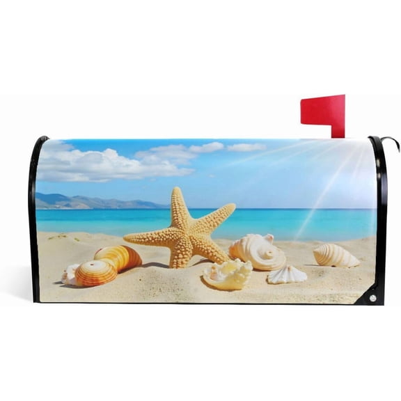 Summer Beach with Starfish and Shells Magnetic Mailbox Cover MailWraps Garden Yard Home Decor for Outside Standard Size-18"x 20.8"