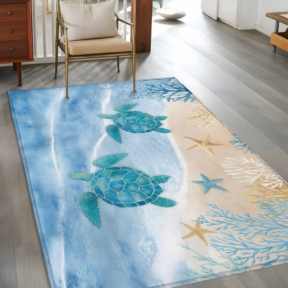 Summer Beaches 3x5 Rug for Bedroom Foot of Bed Small Living Room, Gradient Navy Blue Ocean Sea Turtle Starfish Coastal Washable Non Slip Rectangle Area Rug