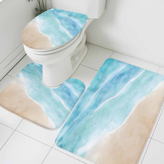 Summer Beaches Bathroom Rugs Set Gradient Blue Ocean Casual Sea Coastal Non Slip Absorbent Soft Bath Mats 3 Piece Set with Bathroom Rug, U-Shaped Floor Mat, Toilet Seat Cover Small Size