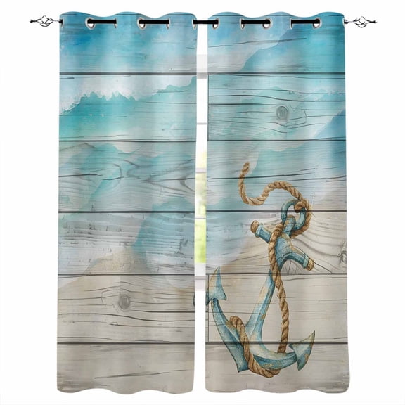 Summer Beaches Blackout Curtains 84 Inch Length Nautical Anchor Gradient Blue Ocean Wave Wood Grain Thermal Insulated Window Curtain Window Drapes 2 Panels for Bedroom Living Room 52"Wx84"L