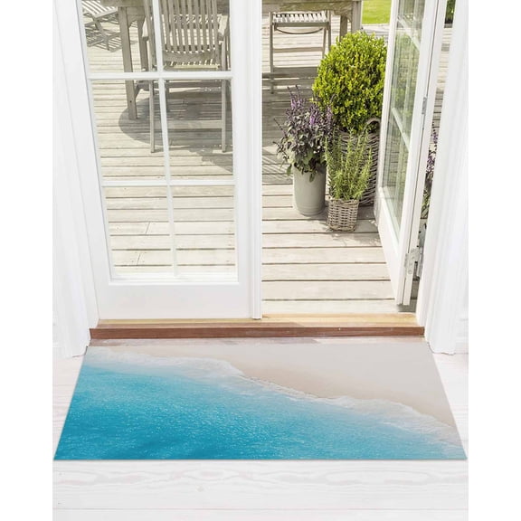 Summer Beaches Front Door Mat Casual Oceans Artistic Sea Waves Coastal Landscape Welcome Doormat Indoor Outdoor Entrance Floor Mat Non-Slip Washable Runner Rug for Front Porch Decor 18x47 Inch