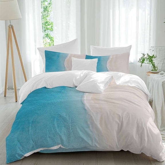 Summer Beaches Full Size Comforter Set, Casual Oceans Artistic Sea Wave Coastal Landscape Bedding for All Seasons, 4 Pcs Bed Set, 1Quiltcover (86"x86") ,1Sheet(80"x116"), 2Pillowcases (30"x20")