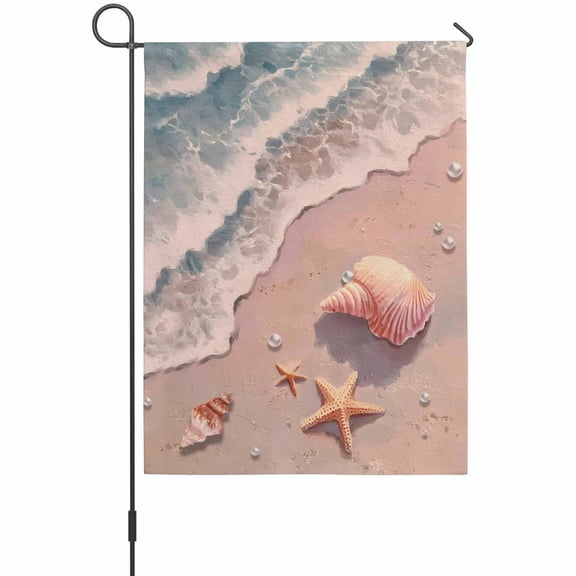 Summer Beaches Garden Flag 12 x 18 Inches, Nautical Ocean Pink Wave Sea Nut Starfish Pearl Weather Proof Outdoor Patio Flags Double Sided Small Garden Decoration for Yard Outside Home