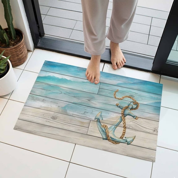 Summer Beaches Indoor Door Mat 16x24 Inch Nautical Anchor Gradient Blue Ocean Wave Wood Grain Front Door Mat Non Slip Washable Entryway Rug Low Profile Dirt Trapper Doormat for Kitchen Bedroom