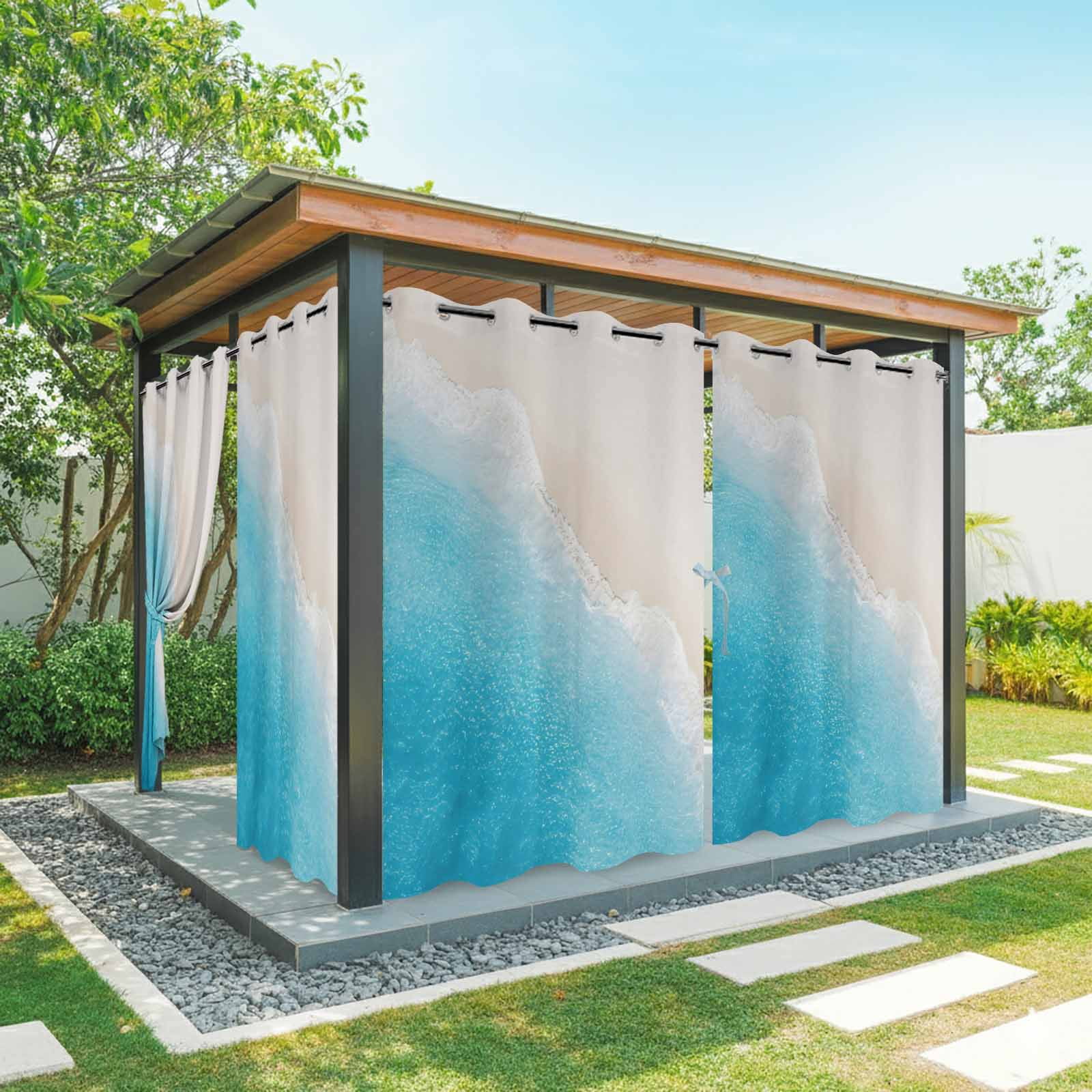 Summer Beaches Outdoor Curtains for Patio, Casual Oceans Artistic Sea Waves Coastal Landscape Sunshade Privacy Drapes Grommet Waterproof Outside Curtains for Porch/Cabana/Balcony 54"x 108", 1 Panel