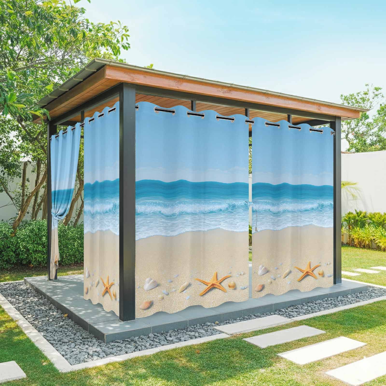 Summer Beaches Outdoor Curtains for Patio, Oceans Shells Starfish Conch Coastal Landscape Sunshade Privacy Drapes Grommet Waterproof Outside Curtains for Porch/Cabana/Balcony 54"x 108", 1 Panel