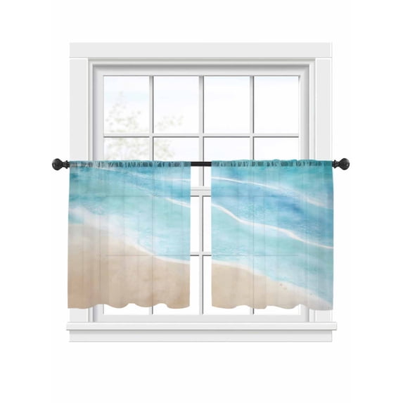 Summer Beaches Sheer Curtains 2 Panels Set Gradient Blue Ocean Casual Sea Coastal Sheer Window Curtains Light Filtering Rod Pocket Voile Drapes for Bedroom Living Room 52"x45"
