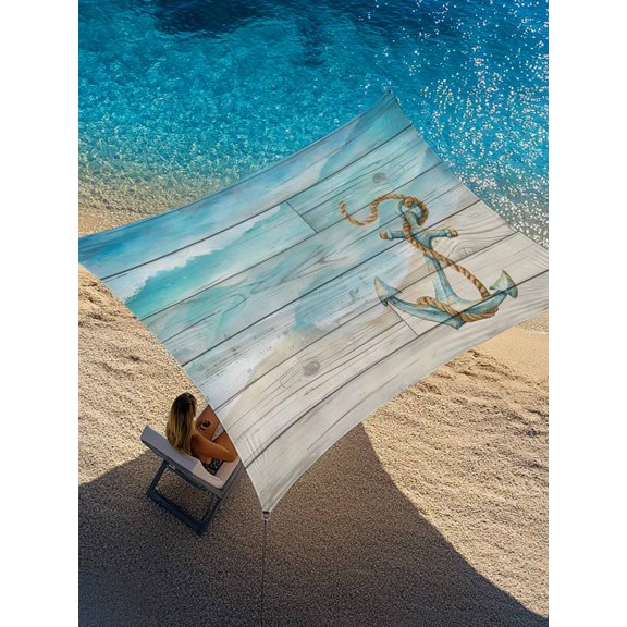 Summer Beaches Sun Shade Sail 6.5' x 10', Nautical Anchor Gradient Blue Ocean Wave Wood Grain Rectangle Outdoor Sunshade Canopy, Waterproof UV Block Patio Covers for Garden Yard Beach