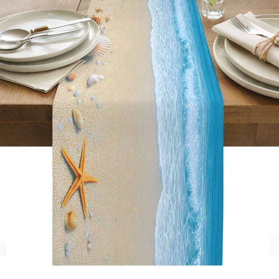 Summer Beaches Table Runner Oceans Shells Starfish Conch Coastal Landscape Table Runners Dresser Scarves Holiday Kitchen Dining Table Decoration for Home Party Indoor 13x48 Inch