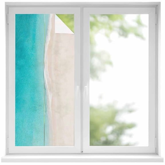 Summer Beaches Window Privacy Film, Artistic Oceans Sea Waves Coastal Landscape Frosted Glass Window Clings Static Cling UV Heat Blocking Reusable Door Sticker for Bathroom 17.7 x 39.3 Inch